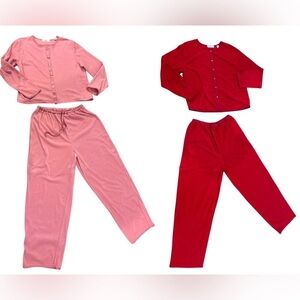 80s 2PR 2 PC PINK & RED PAJAMA SETS SOFT COZY LOW PILE FLEECE & SATIN TRIM SZ L